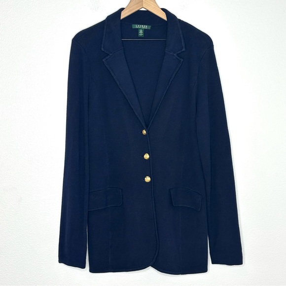 Lauren Ralph Lauren 100% Cotton Sweater Knit Blazer Navy Blue XL Preppy Gold - Picture 1 of 11